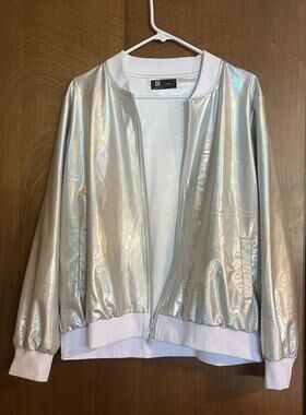 Kancy Kole Womens Iridescent White Long Sleeve Front Zip Bomber Jacket 2XL